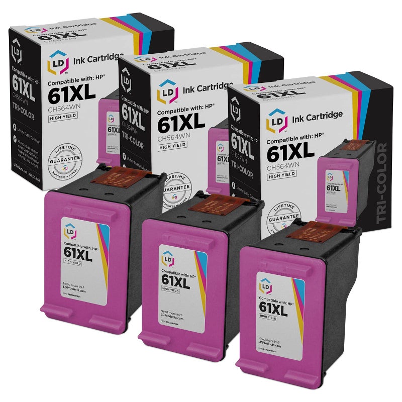 LD Products Remanufactured 61XL CH564WN Replacements for HP 61 Color Ink Cartridge HP61XL High Yield Works with HP Envy 4500 4502 5530 Deskjet 2540 3510 OfficeJet 4630 (3-Pack) - Image 1